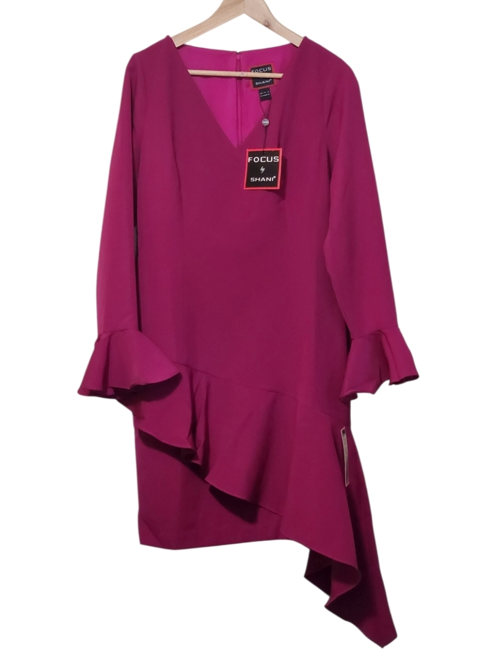 Focus by SHANI Asymetrical V-Neck Ruffle Raspberry Dress Size 8